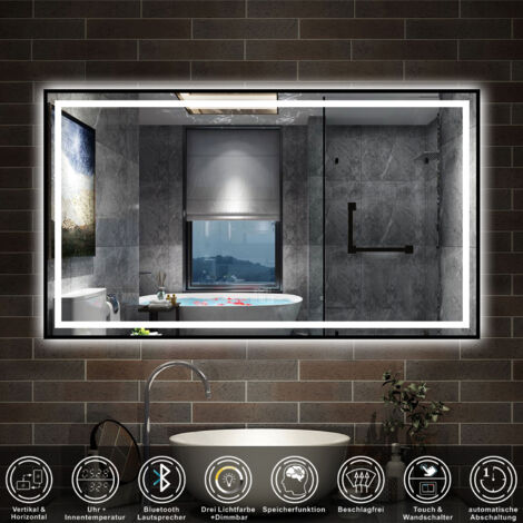LED Badspiegel Wandspiegel Badezimmerspiegel mit 3 farben Dimmbar Bluetooth Uhr 100x80cm
