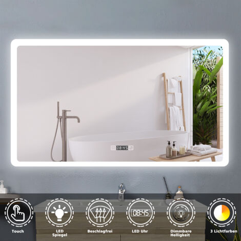 Badspiegel Badezimmerspiegel Wandspiegel mit Beleuchtung Lichtspiegel Beschlagfrei Uhr 3 Lichtfarben Dimmbar LED Memory Funktion 160 x 80 cm (1/5)