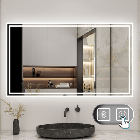 LED Badspiegel Lichtspiegel Wandspiegel Lichtspiegel Badezimmerspiegel mit Beleuchtung Touch-Schalter, 100 x 60 cm Beschlagfrei+3 Lichtfarben Dimmbar+Bluetooth+LED Memory Funktion (1/5)