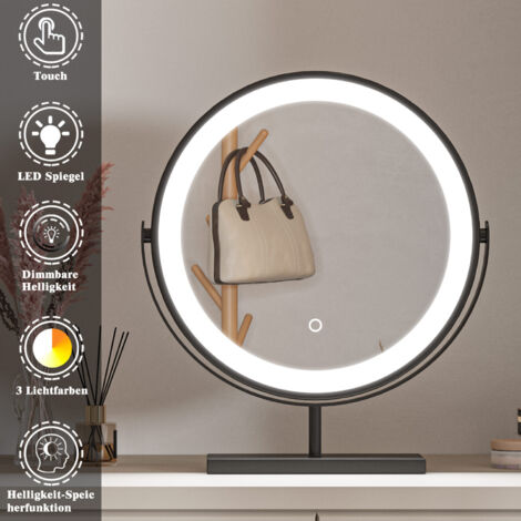 Schminkspiegel mit Beleuchtung Runder LED Kosmetikspiegel Drehbar Make-up Spiegel mit Touchschalter, 3 Lichtfarben Dimmbar und Memory-Funktion,ф40cm Schwarz