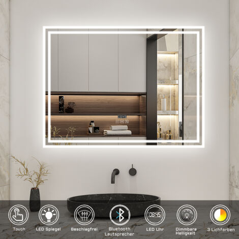 80 x 60 cm Beschlagfrei+3 Lichtfarben Dimmbar+Bluetooth+Uhr+LED Memory Funktion