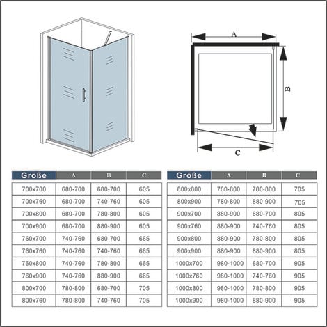 90 Tür x 90 Seitenwand xH.185cm 6mm NANO GLAS Eckeinstieg