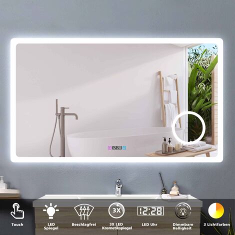 Badspiegel mit Beleuchtung Badezimmerspiegel Wandspiegel Anti-Beschlag Wasserdicht Wandmontagespiegel Lichtspiegel 100 x 60 cm Beschlagfrei+Uhr+3 Lichtfarben Dimmbar+Kosmetikspiegel+Memory Funktion
