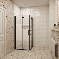 Falttür Eckeinstieg 110x76x195cm Teilsatiniert 6mm NANO ESG Schwarz eckdusche Duschabtrennung Duschwände