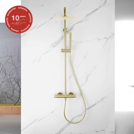 Poalgi – Colonne de douche mécanique sans robinetterie – Finition or brossé PVD – Pomme ronde 25 cm anticalcaire – Flexible 1,5 m ajustable