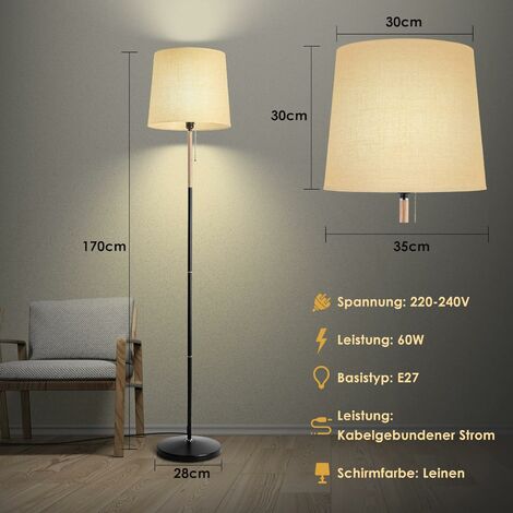 Lampadaire TLGREEN 170cm - Abat-jour Tissu - Douille E27 - Lumière Douce Anti-fatigue Visuelle