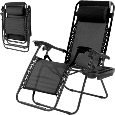 TLGREEN Chaise Longue Pliante Inclinable, Fauteuil Relax Jardin avec Porte-Gobelet, Oreiller, Dossier et Accoudoirs Réglables, Transat Pliable Ergonomique et Respirante, pour la Pause Déjeuner, Noir