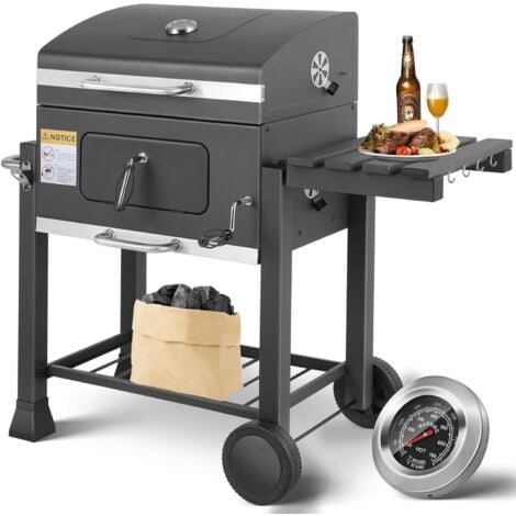 TLGREEN Barbecue au Charbon de Bois, Grill XXL à Charbon avec Couvercle, Barbecue Charbon Bois Grande Taille avec Étagère Latérale, Thermomètre, Évent Réglable, 116,3 x 105,5 x 55,7 cm