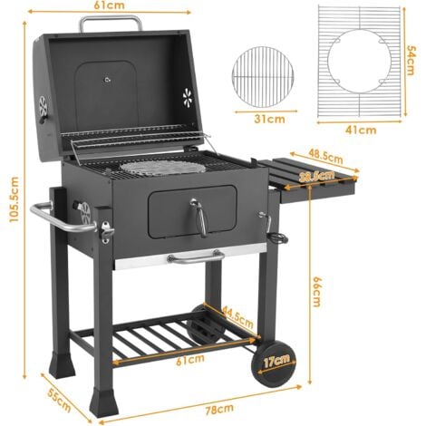 TLGREEN Barbecue au Charbon de Bois, Grill XXL à Charbon avec Couvercle, Barbecue Charbon Bois Grande Taille avec Étagère Latérale, Thermomètre, Évent Réglable, 116,3 x 105,5 x 55,7 cm