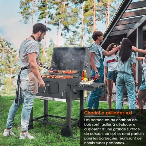 TLGREEN Barbecue au Charbon de Bois, Grill XXL à Charbon avec Couvercle, Barbecue Charbon Bois Grande Taille avec Étagère Latérale, Thermomètre, Évent Réglable, 116,3 x 105,5 x 55,7 cm