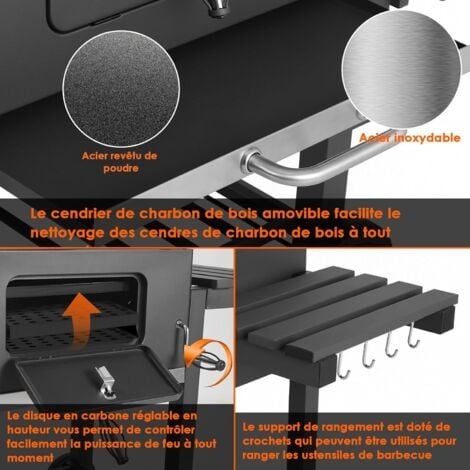 TLGREEN Barbecue au Charbon de Bois, Grill XXL à Charbon avec Couvercle, Barbecue Charbon Bois Grande Taille avec Étagère Latérale, Thermomètre, Évent Réglable, 116,3 x 105,5 x 55,7 cm