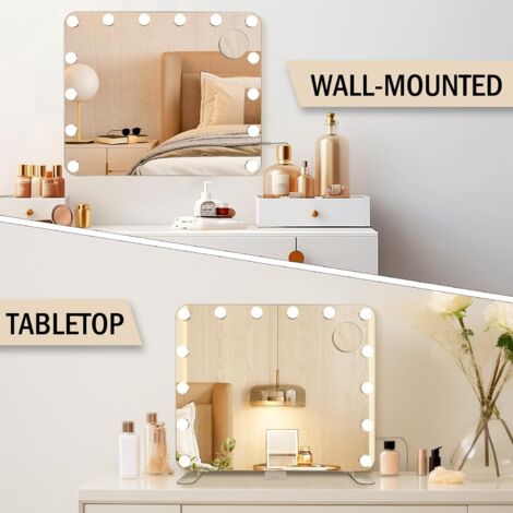 Miroir Maquillage LED Hollywood 60x50cm - 14 Lumières - 3 Tons Réglables - Tactile - Rotation 360°