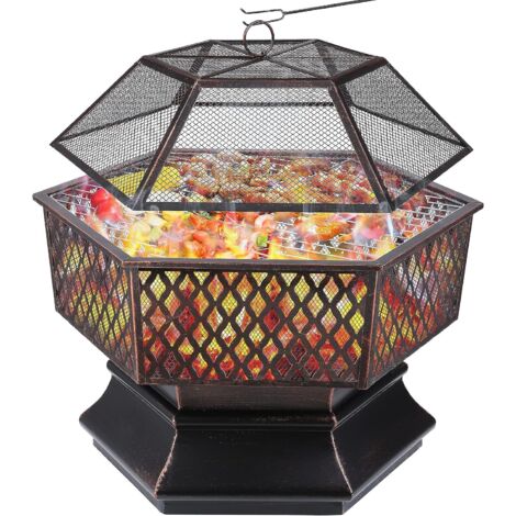 TLGREEN Brasero Exterieur avec Grill, Foyer Extérieur, Brasero de Jardin, Foyer de Chauffage/Barbecue, avec Filet de Protection, Grill au Charbon & Poker, pour Jardin Terrasse Plage - 66 x 66 x 63 cm