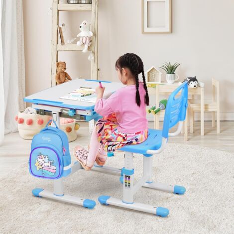 TLGREEN Bureau pour Enfants - Bureau et Chaise Réglable en Hauteur - Ensemble Table et Chaise Plateau Inscriptible Inclinable 0-40°, Tiroir Coulissant et Crochet en Métal - Bleu (1/5)