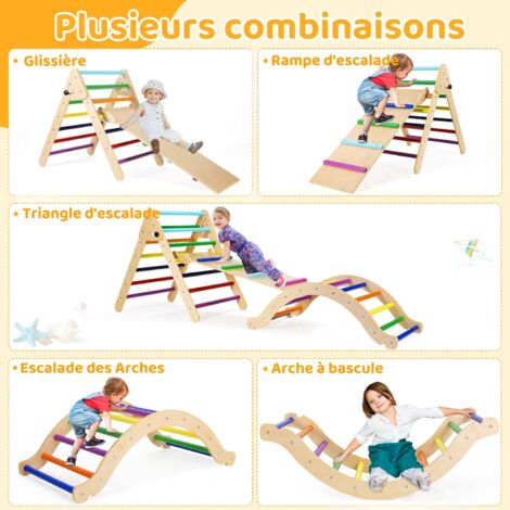 COSTWAY 3 En 1 Triangle D'escalade Montessori Enfants Avec Rampe, 2 Échelle D'escalade Triangle En Bois Pour Grimper, Charge Max 60KG, Utilisation
