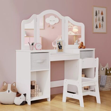 Coiffeuse pour Enfants avec Miroir,Tabouret et Rangement,108x30x114cm,Bureau pour Enfants,Table de Maquillage
(Blanc)