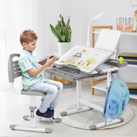 Ensemble Bureau et Chaise pour Enfants,Réglables en Hauteur,Bureau étudiant Multifonctionnel avec Lampe et Tiroir,Support de Lecture (Gris) (1/5)