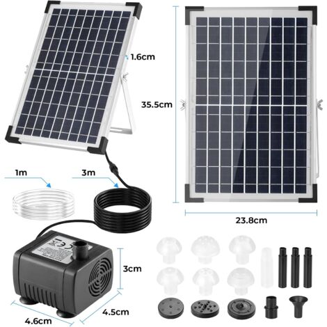 Fontaine Solaire 9V/12 W 500L/h, Pompe à Eau Solaire, avec Tuyau d'eau de 1 m, Câble de 3,25 m, 9 Buses, Pompe Solaire de Bassin, pour Bain d'oiseaux/Aquarium/Bassin/Jardin/Cascade/Piscine
