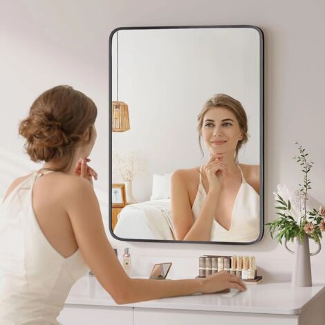 Miroir Mural Luxueux à Cadre Profond en Aluminium,90x60 cm, Verre trempé, Décoration Miroir de Maquillage, pour Salon, Chambre, Entrée, Décoration Murale, Noir (1/5)