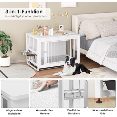 Cage Pour Chien En Bois Et Acier – 93x64x58 Cm – Avec 2 Gamelles Inox – Table D'appoint Multifonction | Niche Intérieure Pour Grand Chien - 8
