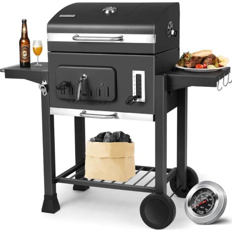 Tlgreen – Barbecue charbon de bois XXL – Fumoir avec chariot – Hauteur réglable 6 niveaux – Surface de cuisson 54 x 41 cm