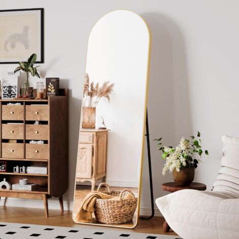 Tlgreen – Miroir sur pied 162 x 50 cm – Verre HD trempé anti-explosion – Cadre en aluminium noir et doré – Miroir mural et de sol 2 en 1 (1/5)