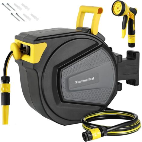 Enrouleur Tuyau Arrosage Mural, Devidoir Tuyau Arrosage 30+2m, Pivotant 180°, avec Lance 9 en 1, Raccord, Tuyau et Support Mural, Rétractation Automatique, Serrure de Toute Longeur, pour Jardin,Garage