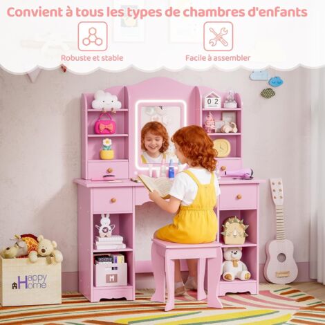 Coiffeuse Enfants avec Miroir LED,Table de Maquillage Fille avec Tabouret,5 Tiroirs et 10 Compartiments de Rangement (Rose) (1/5)