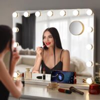TLGREEN Hollywood Miroir de maquillage avec éclairage 80 x 60 cm LED Hollywood Grand miroir cosmétique avec variateur de lumière, 3 couleurs de lumière, contrôle tactile, avec miroir grossissant x 10,
