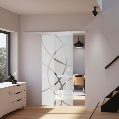 Porte coulissante intérieure en verre Schulte, 88 x 203 cm, porte vitrée décor cercles - Poignée carrée + double amortisseur Softclose