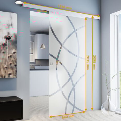 Porte coulissante intérieure en verre Schulte, 88 x 203 cm, porte vitrée décor cercles - Poignée carrée + double amortisseur Softclose