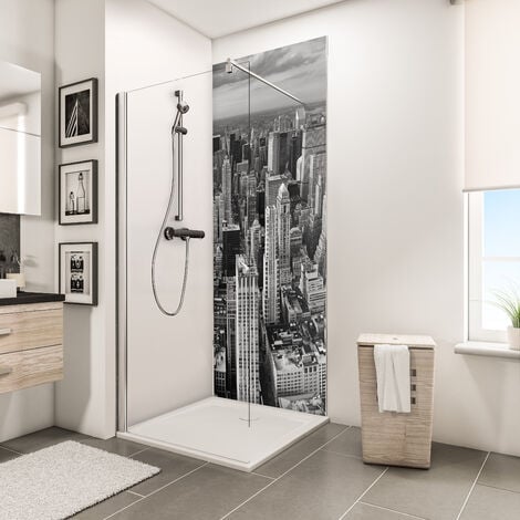 Panneau mural 90 x 210 cm, revêtement pour douche et salle de bain, DécoDesign PHOTO, Schulte, Manhattan (blanc/noir)