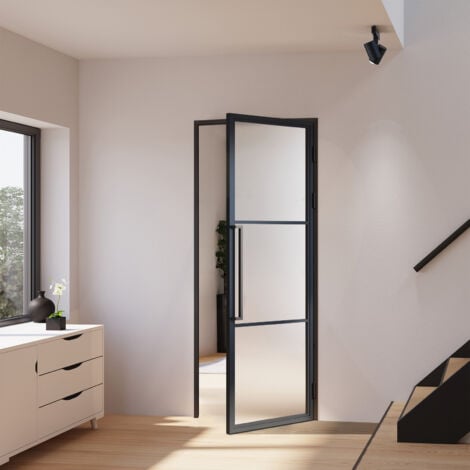 Porte verrière intérieure 83 x 211,5 cm, bloc porte Loft, verre satiné, style atelier 2 rayures, version droite