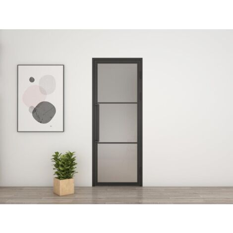 Porte verrière intérieure 83 x 211,5 cm, bloc porte Loft, verre satiné, style atelier 2 rayures, version droite
