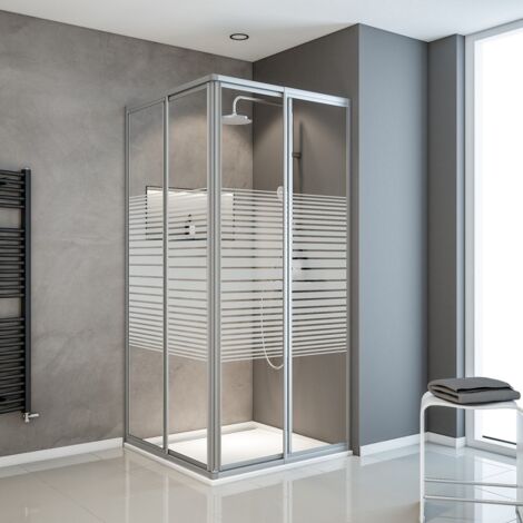 Accès d'angle droit 75-90 x 175 cm, portes de douche coulissantes, Sunny, Schulte, décor rayures horizontales, verre 4 mm, profilé argenté