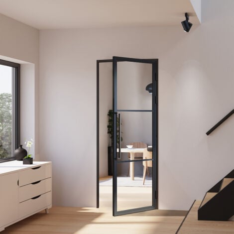 Porte verrière intérieure 83 x 197 cm, bloc porte Loft, verre transparent, style atelier 2 rayures, version droite