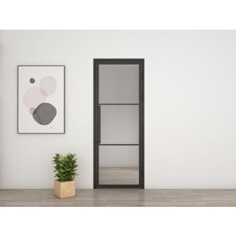 Porte verrière intérieure 83 x 197 cm, bloc porte Loft, verre transparent, style atelier 2 rayures, version droite