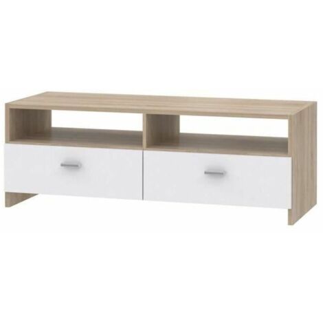FINLANDEK Mueble TV HELPPO contemporáneo blanco mate y decoración roble - L 95 cm (1/4)