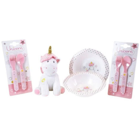 Lot Vaisselle Licorne pour Enfant - FUN HOUSE - 006319 - 2 Assiettes, 2 Sets de Couverts et 1 Peluche Douce