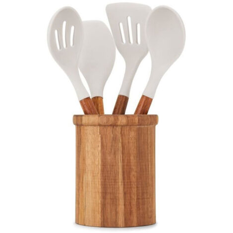 Set de 4 ustensiles avec pot - LIVOO - MES153G - Pot et ustensiles acacia FSC - En silicone 31 cm - Pot 15 sx 12 cm (1/5)
