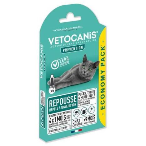 VETOCANIS 4 Pipettes Anti-puces et anti-tiques - Pour Chat - 4x 1 mois de protection