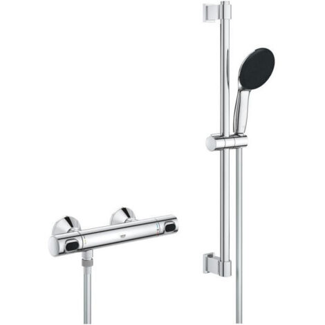 Ensemble de douche avec mitigeur thermostatique, pommeau 1 jet, barre 60cm et flexible - GROHE 34800001 - Economie d'eau - Chrom
