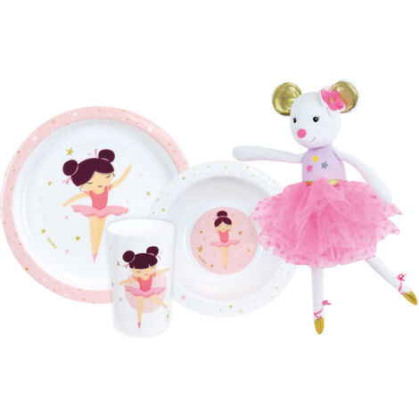 Set de vajilla - FUN HOUSE - BAILARINA - Plato hondo Ø16 cm, Plato llano Ø22 cm, Vaso 220 ml y Peluche musical 40 cm