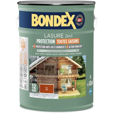 Lasure 2 en 1 protection extérieure - Teck - Satin - Protection 12 ans - Toutes saisons - Bondex - 5L