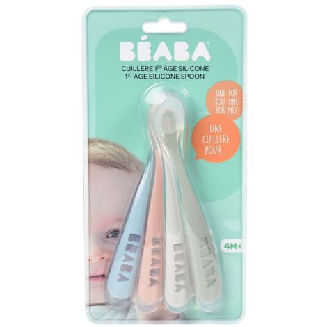 Pack de 4 cucharas para bebé de silicona BEABA, empuñadura larga, Eucalipto, a partir de 4 meses