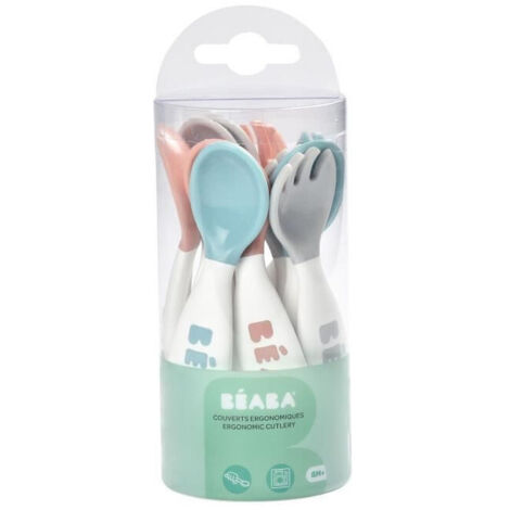 BEABA Lot de 6 cuilleres ergonomique + 4 fourchettes old pink+airy green+light mist (1/2)
