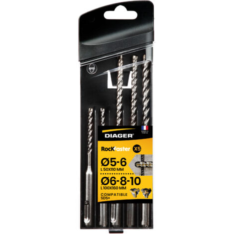 Estuche con 5 brocas para hormig贸n SDS+ DIAGER ROCKFASTER 1004A, 3 y 6 dientes, 脴5-10 mm (1/5)