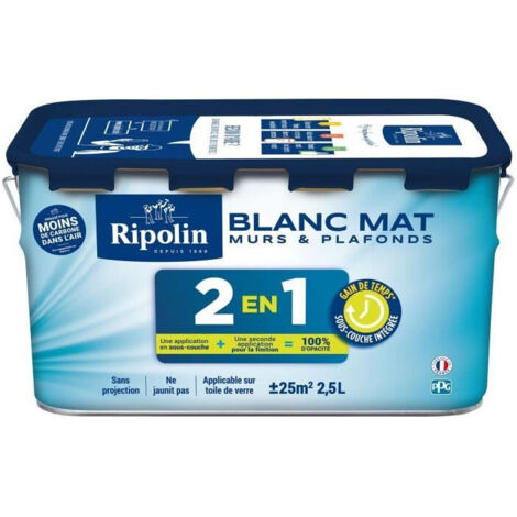 Peinture 2 en 1 murs et plafonds - Blanc mat - RIPOLIN - 2,5 L