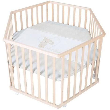 Parco per bambini esagonale - ROBA - LIEBHABEAR - Regolabile in altezza - Fondo sfoderabile - 6 Ruote con freno - Legno naturale - Motivo (1/5)