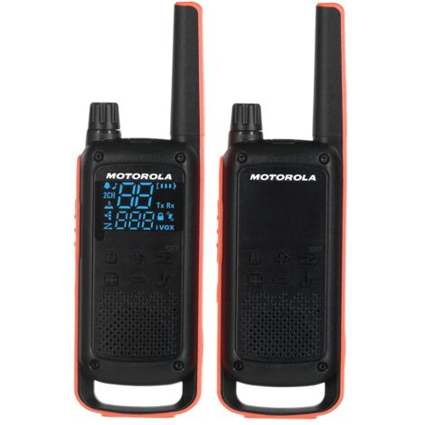 Motorola T82 Nero Arancione Walkie-Talkie Resistente IPX2 con Torcia LED, 16 Canali, 121 Codici di Privacy, Portata fino a 10 km